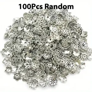 100Pcs DIY Vintage Silvery Bead Caps Mixed Hollow Assorted Flower Petal Designs Bead Caps Chic Jewelry Making End Caps for DIY Keychain, Earrings, Anklets Bohemian Accessories Set