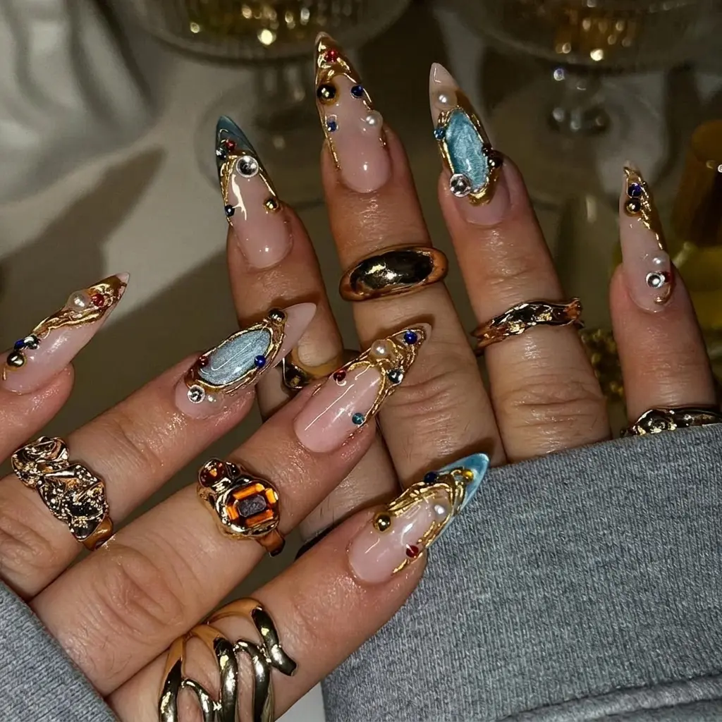 Female 3D Press-On Nails (MTO), BubbleNailArt Ocean Blue Cat Eye Long Almond Handmade Reusable Nails with Gold Charm, Pearl Rhinestone, Wearable Fashion Hand Accessories for Creativity, Like the Picture, Statement