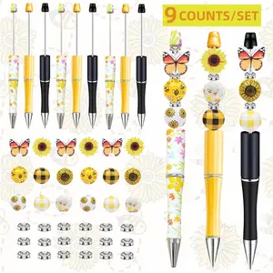 Sunflower & Butterfly Themed Beaded Ballpoint Pen Set, 9 Counts/18 Counts DIY Beaded Ballpoint Pen & Butterfly Shaped Wooden Bead, Ballpen Set, Office Stationery & Supplies