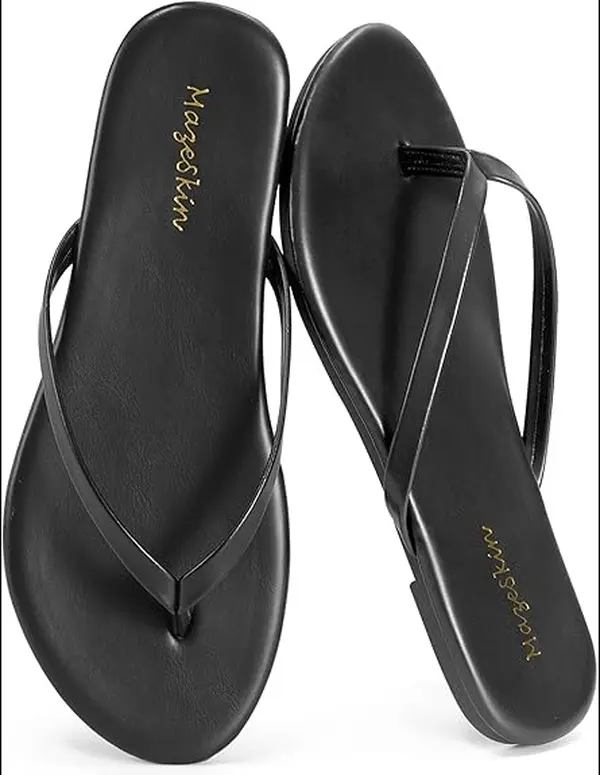 Women's Memory Foam Comfortable Flat Thong Sandals Dressy Summer Beach Leather Slide Flip Flops