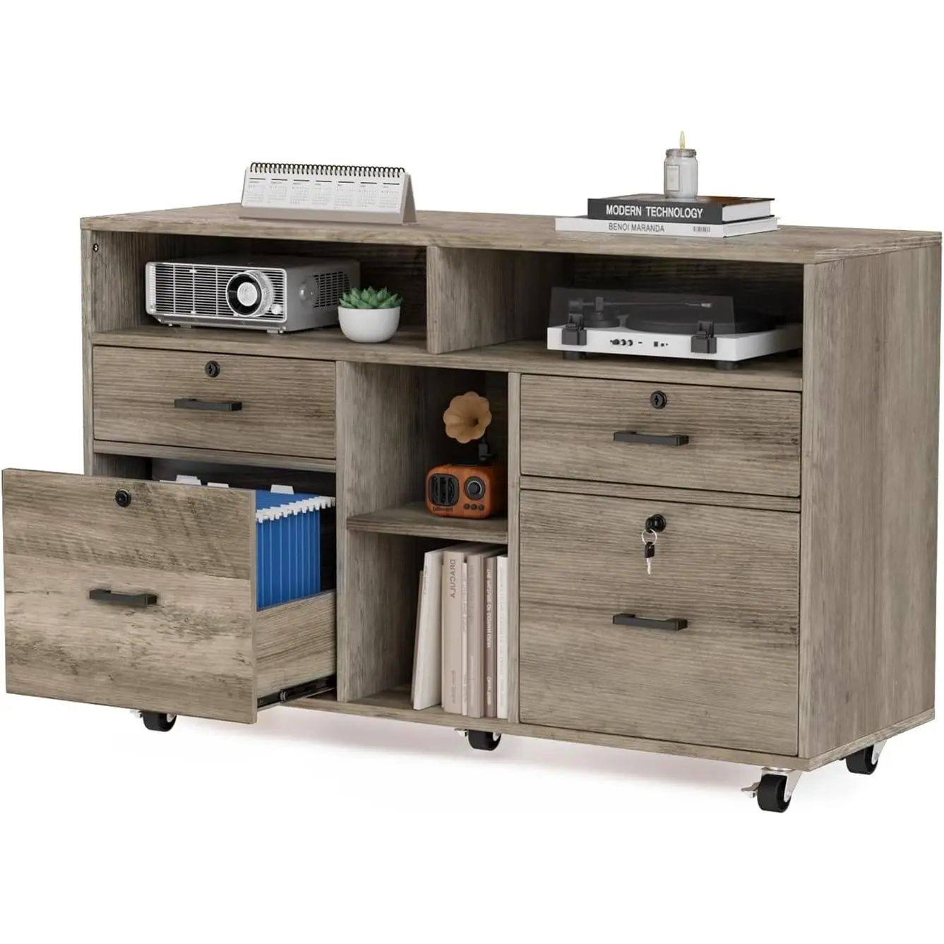 VINGLI Wide 4 Drawer File Cabinet with Lock, Rustic Grey Rolling File Cabinet with Open Shelves, Lockable Printer Stand, Letter Sized