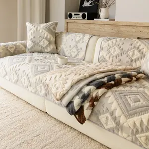 Boho Geometric Plush Sofa Mat Couch Cover 1PC, Pet-Friendly Non-Slip Sofa Protector for Dogs & Cats, Machine Washable Thick Anti-Scratch Seat Pad, Soft Dustproof Slipcover for Living Room, Fits 1/2/3/4-Seater & L-Shape Sectional, Sofa Cushion Cover