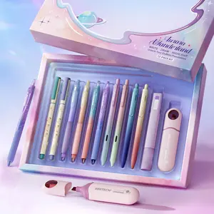 WRITECH Gel Pens Highlighters Journaling: Aurora Wonderland Pen Set, Black Ink Pens Pastel Highlighters Brush Pens, Smooth Writing Drawing No Bleed, Gift for Students,Friends and Family.