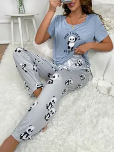 Women's Summer Pajama Set, Pjs, Light Blue Panda Print Short Sleeve + Long Pants, Breathable Comfortable Fashion, Ideal for Home Relaxation Loungewear