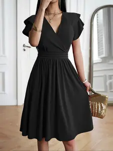 Women's Plain Fitted Wrap V Neck Butterfly Sleeve Dress, Elegant Cap Sleeve Knee Length Dress for Party Holiday Wedding Guest, Ladies Summer Clothes