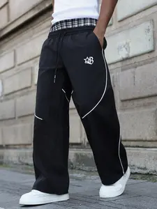 Men's Black Baggy Sweatpants - Wide Leg, Contrasting Lines, Double-Layer Plaid Waistband, Loose, Breathable, Comfortable, Versatile Street-Style Bottoms for Everyday Casual Wear, Sports