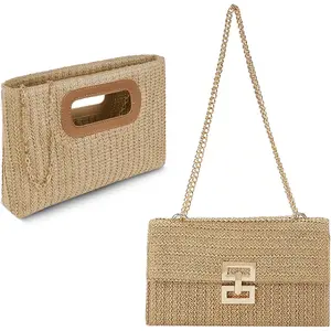 Woven Straw Purses with Metal Chain| Beach Bag for Women| Dual Package for Wedding, Party, Vacation & Evening Events