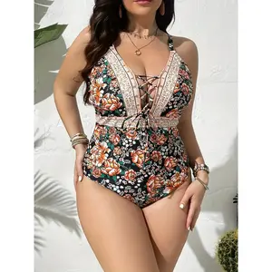 New Beach Vacation Spring Soaking Plus Size One-piece Flower Swimsuit With Tied Rope, Internet Famous Style, Slightly Chubby 'S Flesh Covering Swimsuit