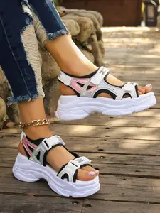 Summer New Colorful Thick Sole Sandals, Open Toe Velcro Strap, Casual Sporty Height Increasing Women's Shoes, PU Leather, Plain Pattern, Footwear