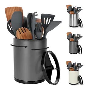 Nigelia Extra Large Kitchen Utensil Holder 360° Rotating Stainless Steel 3 Compartment Flatware Organizer with Removable Lid & Non-Slip Base Grey Cutlery Caddy