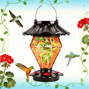 LUJIISolar Powered Gem/Diamond-Shaped Hummingbird Feeder – Hand-Blown Glass, Weatherproof Lighted Lantern for Outdoors, 5 Metal Perches, Garden Decor, Unique Christmas & Holiday Gift for Bird Lovers