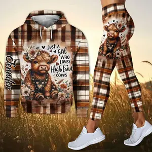 Personalized Love Highland Cows Hoodie and Leggings, Colorful Farm Animal Print Outfit, Custom Gift for Cow Lovers Women