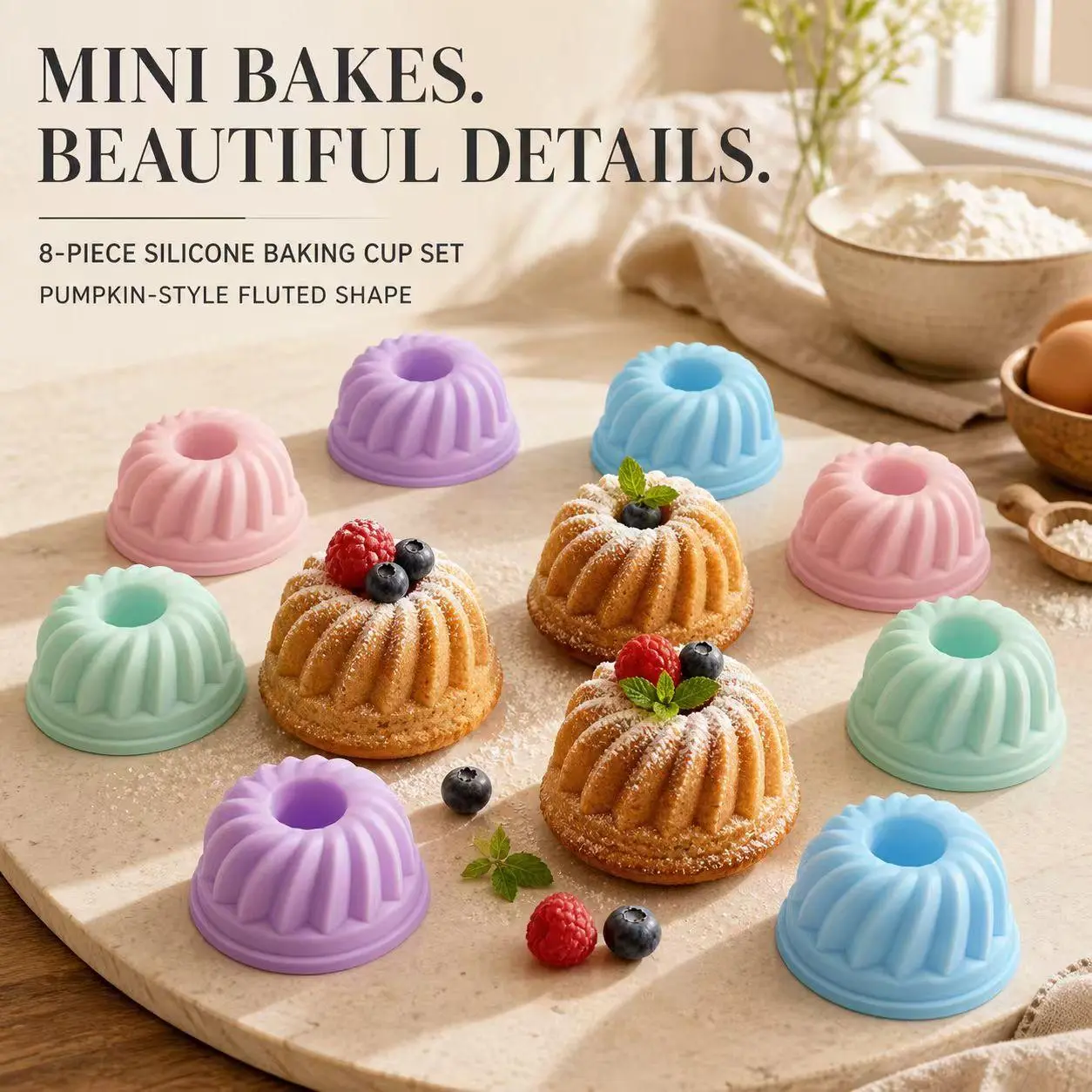 12Pcs Silicone Mini Bundt Cake Molds & Pumpkin Baking Cups. Reusable Non-Stick Fluted Cupcake Liners & Muffin Molds. Flexible Baking Pan Set for Fancy Dessert, Doughnut, Jello & Soap Making in Home Kitchen.