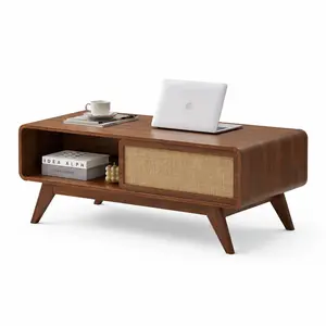 Giratree Mid Century Modern Coffee Table with Storage, Curved Edge Wood Coffee Table with Sliding Nature Linen Door, Farmhouse Center Table Rectangle Coffee Table for Living Room, Office