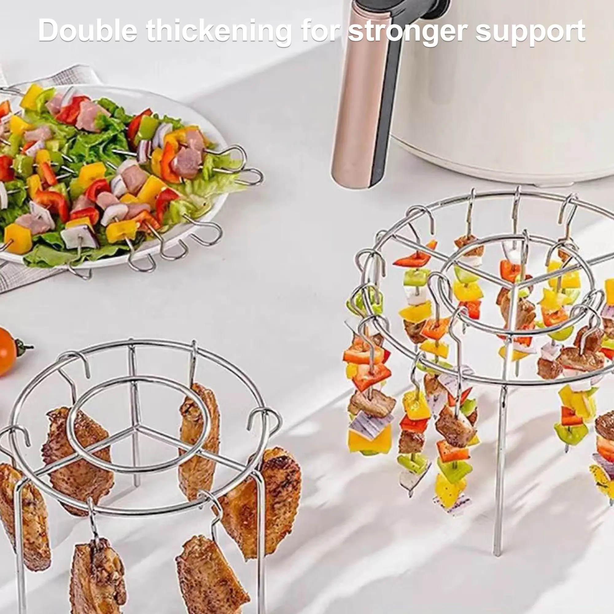 2 Counts Air Fryer Skewer Rack, Round Grill for Barbecue, Does Not Require Flipping, 360° Heating, Steel Skewers, Fit for Home Grilling at Home Meat
