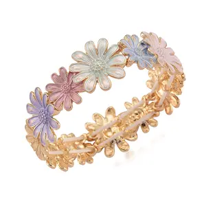 Multi Color Enameled Daisy Floral Bangle Bracelet in Goldtone 7-7.5In