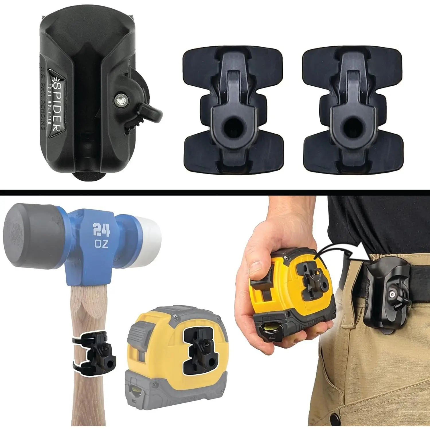Tool Holster - Pro Tape Measure + Hammer Holster Kit - Upgraded, Self Locking, Quick Draw Universal Tool Holder with Ambidextrous Thumb Lock - Compatible with All Major Brands