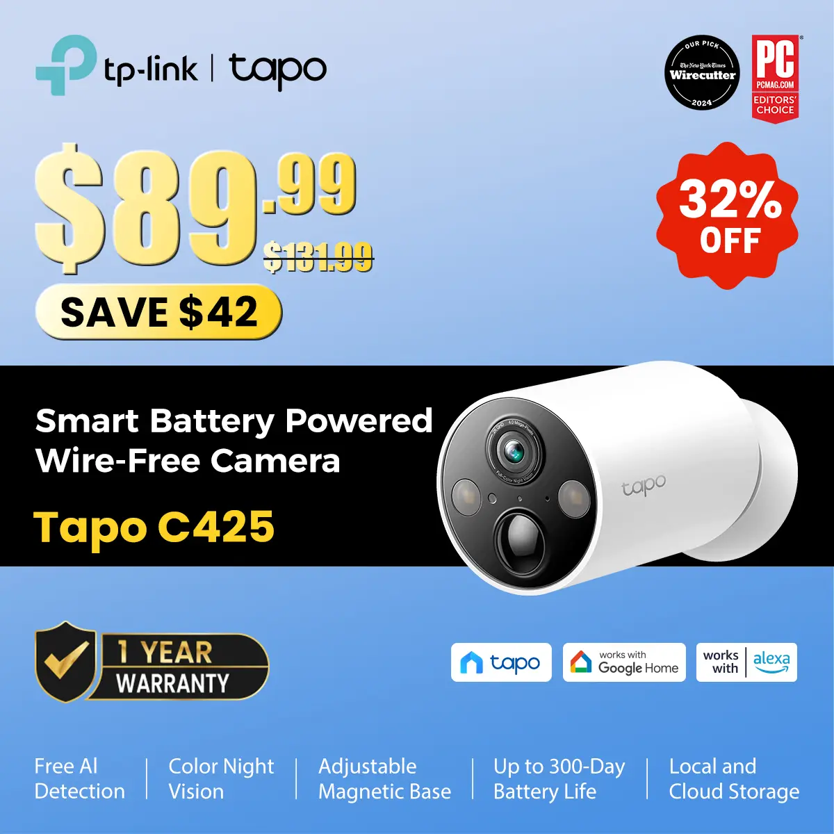 TP-Link & Tapo C425 - Editors’ Choice 2K QHD Wireless Outdoor Security Camera with Magnetic Mount, Long-Lasting Battery, AI Detection, 150° FOV, Color Night Vision, IP66 Weatherproof