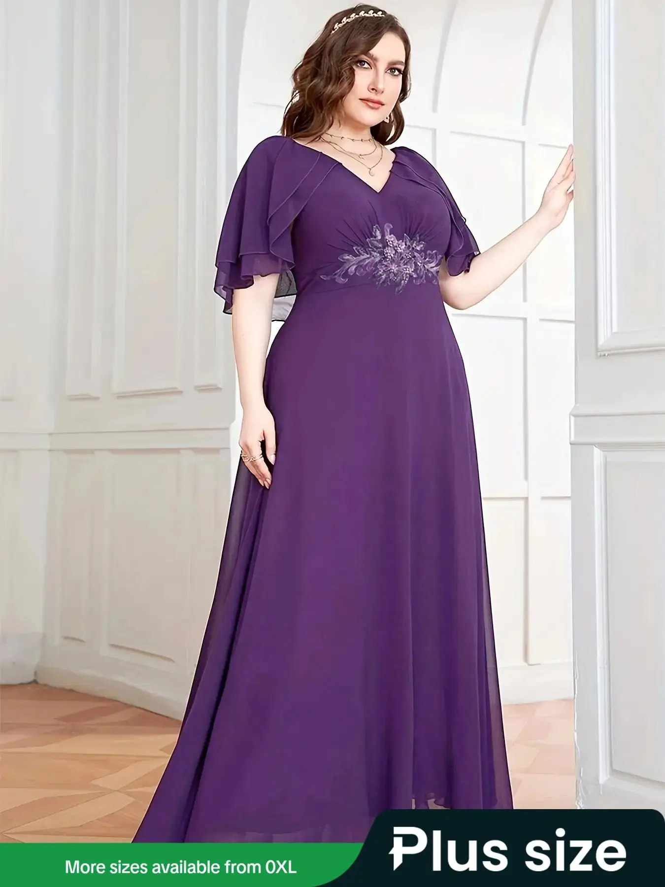 Plus Size Embroidered Ruffle Trim Backless V Neck Chiffon Dress, Summer Clothes Women, Elegant Layered Sleeve Backless Bridesmaid Dress For Party Wedd