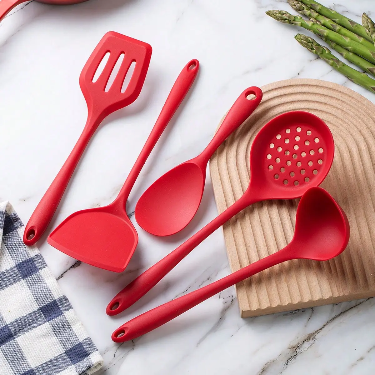 Silicone Kitchen Utensils Set, Includes Spatula, Soup Spoon, Strainer, Rice Paddle, Safe for Cookware, Non-Stick Heat Resistant Tools