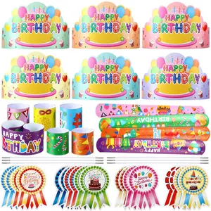 36 Sets Happy Birthday Party Supplies Classroom, Birthday Paper Crowns with Adjustable Elastic Band Badge Stickers and Slap Bracelets, School Birthday Hats Cap Decorations		