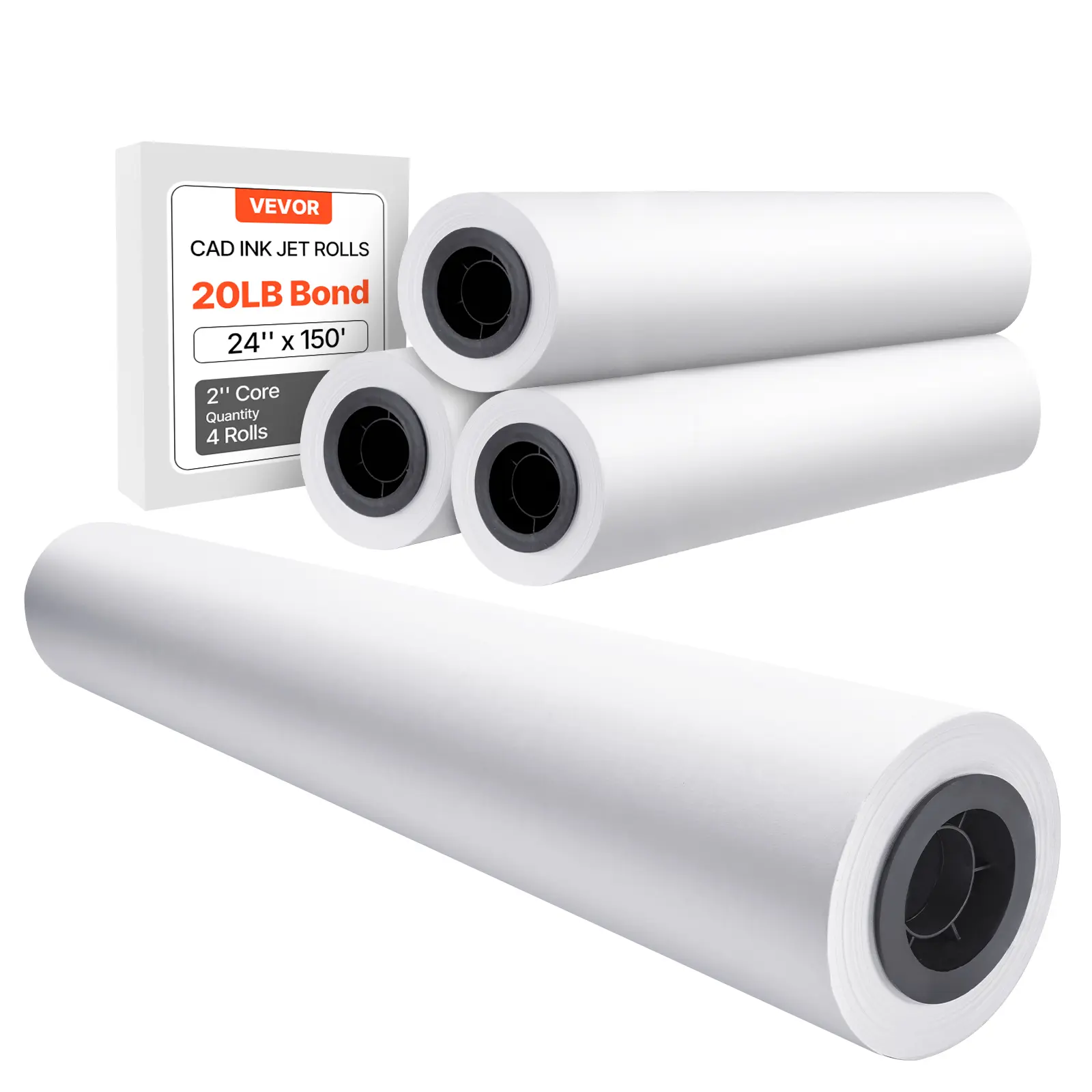 VEVOR Wide Format CAD Bond Paper Rolls (4-Pack), 24in x 150ft, 20LB, 2in Core, Precise, Even Ink Distribution, High-Speed/Continuous Printing, Ideal for Architectural Designs, Promotional Advertising [toolupgrade]