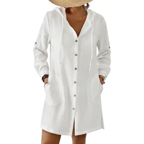 Bsubseach Women's Button-Front Short Sleeve Hooded Beach Coverup Shirt - Polyester-Spandex Beachwear, Multi-Size, Plus Size, Above Knee, Pockets, Lightweight, Breathable, Quick-Drying, Multi-Color, Stretchy, Modest Swim, Wet Hair Protection