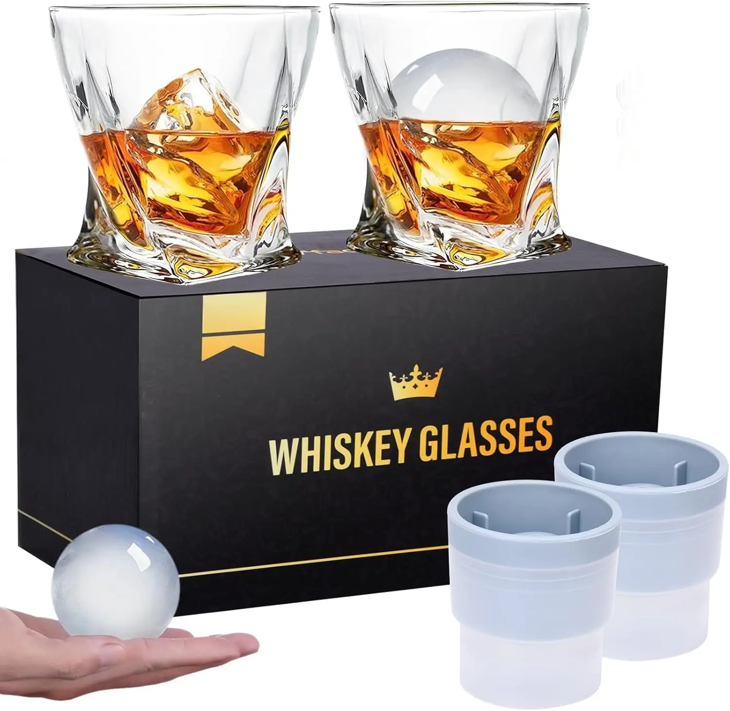 Old Fashioned  Glasses Set of 4 (2   Glasses, 2 Round Big Ice Ball Molds 11 Oz Rocks Glass with  Box, Barware for   Rum  , Gifts for Men