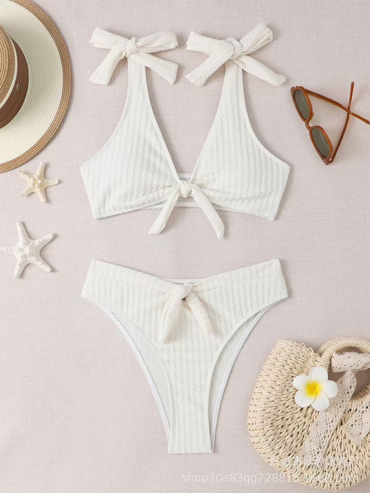 Women's split swimsuit, two-piece set - solid color girl style | convenient lace up | minimalist design | suitable for summer beach vacations, hot springs, and water parks | swimsuit