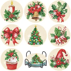 8-Piece Christmas Diamond Painting Coaster Set with Stand Christmas Bells & Candy Candle Theme Diamond Painting Coasters Acrylic coasters with cork pads to protect surfaces Size: 10*10 cm