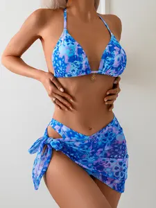 Boho Blue Floral Triangle Bikini Set with Detachable Sarong Skirt