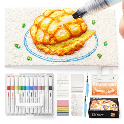 Shuttle Art Classic-44 Pcs Magic Foam Texture Painting Kit - Complete Craft Set with 28 Foam Texture Papers, 12-Color Brush Tip Automatic Ink Control Acrylic Markers, 2 Water Brushes, 3D Toy Painting DIY Materials & Crafting Kit Tools for Gifting