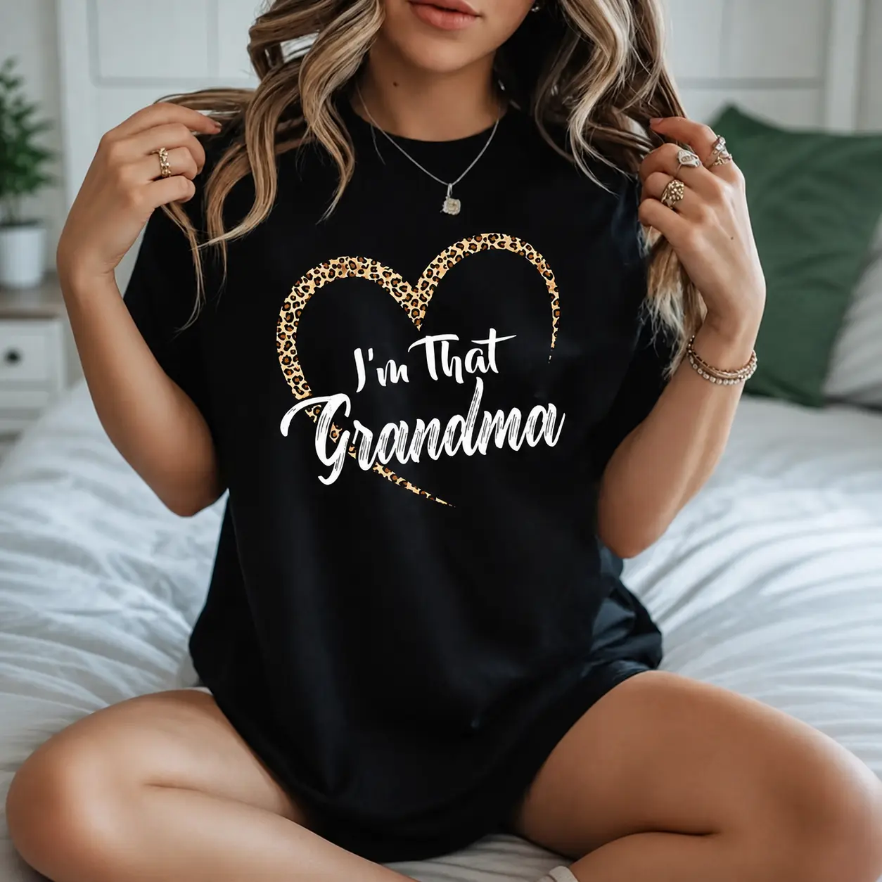Women's Funny Quote Leopard Heart Graphic T-Shirt - "I'm That Grandma", Round Neck, Short Sleeve, Breathable, Loose-Fit Sport Top for Lady, Sizes S-3XL, Bold Leopard Vibe, Tshirt Womenswear Crewneck