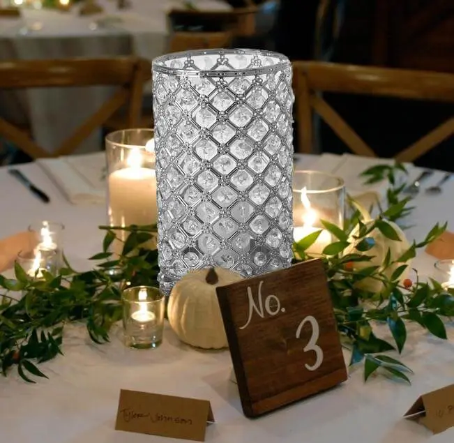 2-Pack Metal Crystal Beaded Pillar Candle Holders 9" Metallic Silver - Multipurpose Crystal Stem Vase Set