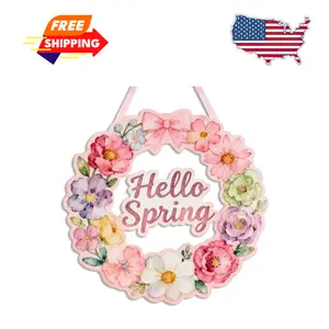 Wooden Spring Wreath with Hollow Floral Design - 12 Inch, Hello Spring