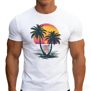 Tropical Palm Tree Sunset Print T-Shirt, Unisex Retro Graphic Tee, Summer Novelty Short Sleeve Apparel for Men and Women, Aesthetic Island Fashion Top, Casual Round Neck Streetwear Shirt, Father's Day Gift