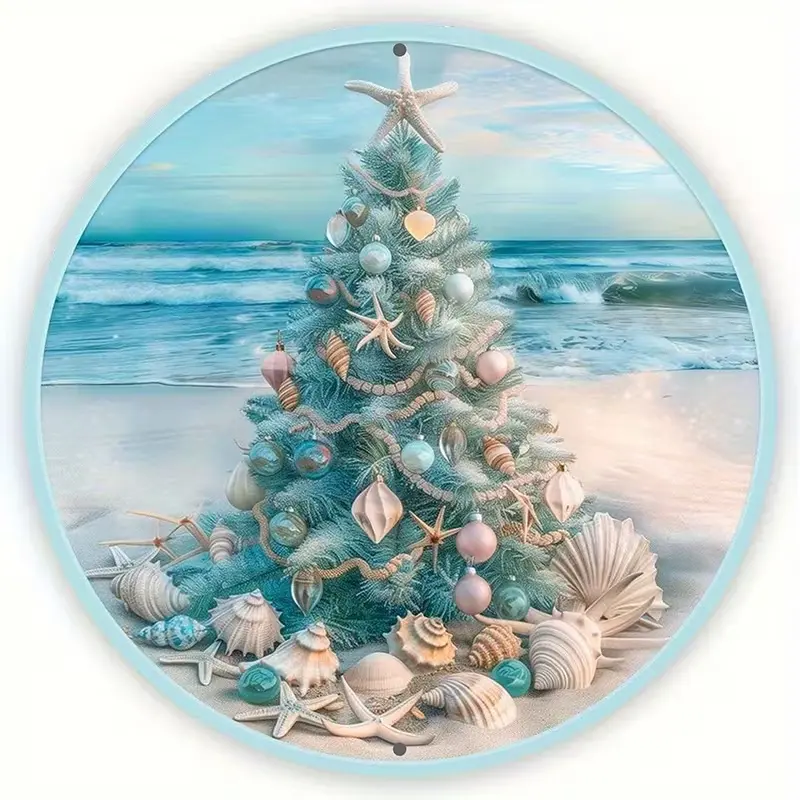Vintage Circular Metal Tin Sign, Tropical Ocean Beach Seashell Starfish Christmas Print, Soft Pastel Blue Coastal Decor, Farmhouse Beach House Bedroom Wall Hanging Ornament, Housewarming Gift For Her, Decoration