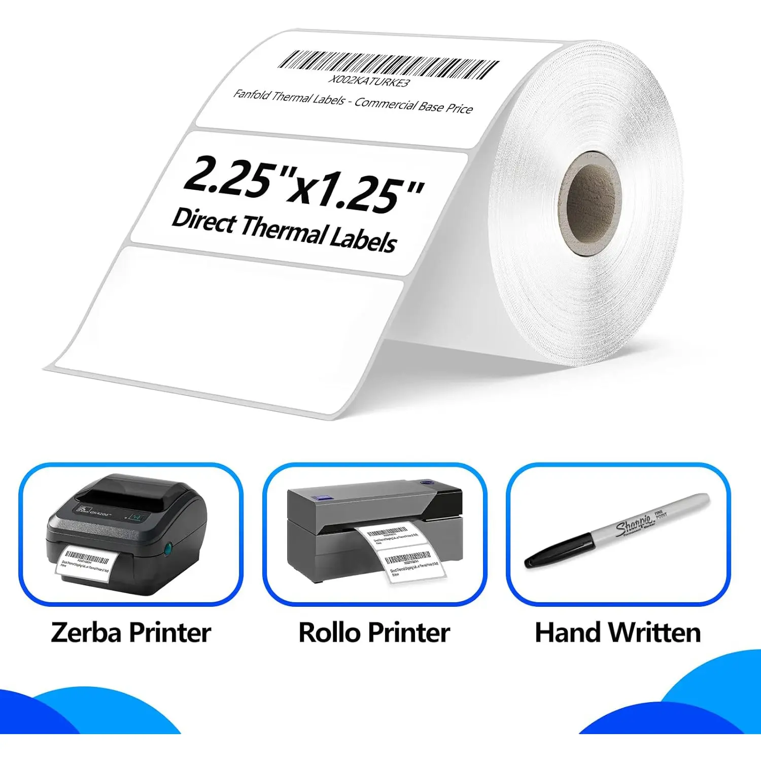 2 Rolls Thermal Shipping Labels (2000 Labels) - 2.25 x 1.25 Inch Direct Thermal Perforated Stickers for FBA, Barcode, SKU, Packaging – Compatible with Zebra, Rollo, Munbyn Thermal Printers