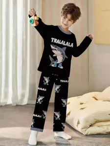 Boys' 2-piece Shark Printed Pajama Set with Sneaker Pattern, Digital Printed Long-Sleeve Top and Long Pants, Made of Flame-Retardant Fabric. This trendy, casual, soft and comfortable loungewear set is perfect for sleeping and relaxing at home. Crafted fro