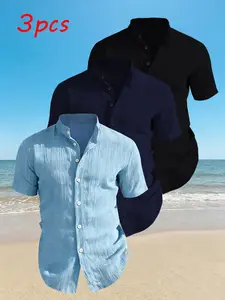 3-Pack Men's Summer Short Sleeve Shirts, Casual Summer Tops, Plain No Print Design, Lightweight Breathable Stand Collar Button Shirt, Ideal for Beach Pool
