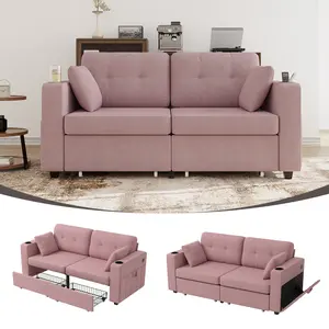 Loveseat 2 Seats Sofa Couch for Living Room, USB Charging,Wood Frame,Easy to Install,with Storage, Charging Station,Cup Holder,Modern Sectional Sofas for Living Room, Apartment,Chenille Fabric