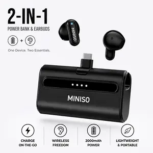 MINISO MS123 2-in-1 Power Bank & Wireless Earbuds, 2000mAh Portable Charger Case, Bluetooth Earphones for Travel