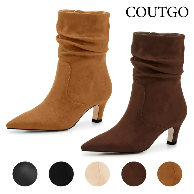 Coutgo Women's Minimalist Ankle Booties - Fashion Casual Basic Shoes for Women, Ankle Height, Slouchy Breathable Lightweight Faux Leather Pointed Toe Kitten Heels, Side Zipper, Plain Design, Rubber Sole, Synthetic Material, All Seasons