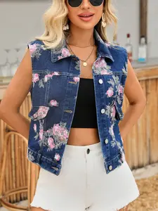 Women's Printed Denim Vest, Lapel Sleeveless Single Button Denim Tank Top, Summer Casual Outerwear, Stylish and Comfortable