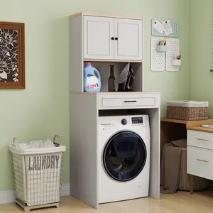 Over Washer Storage Cabinet Laundry Organizer | Adjustable Shelf & Anti-Tip Design for Compact Washer Dryer Robot Vacuum | Antique White