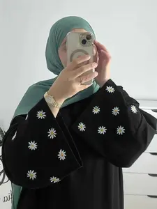 Women's Daisy Embroidery Long Sleeve Dress, Modest Long Dress for Ramadan, Spring & Fall Fashion, Loose-Fitting Woven Fabric Dress