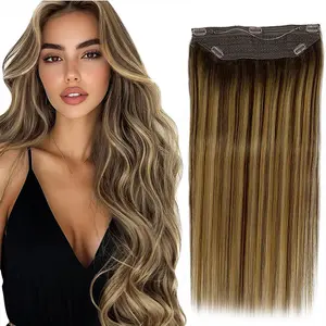 Royaomis Halo Hair Extensions Real Human Hair 16-MM Straight Invisible Fish Line with Transparent Adjustable Headband Secure Clips for Women