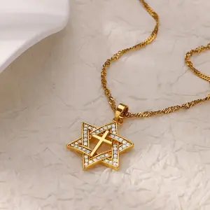Boho Vintage Style Star of David Cross Pendant Necklace, 18K Golden Plated Copper with Synthetic Zirconia, Unisex Jewelry for Daily & Vacation Wear