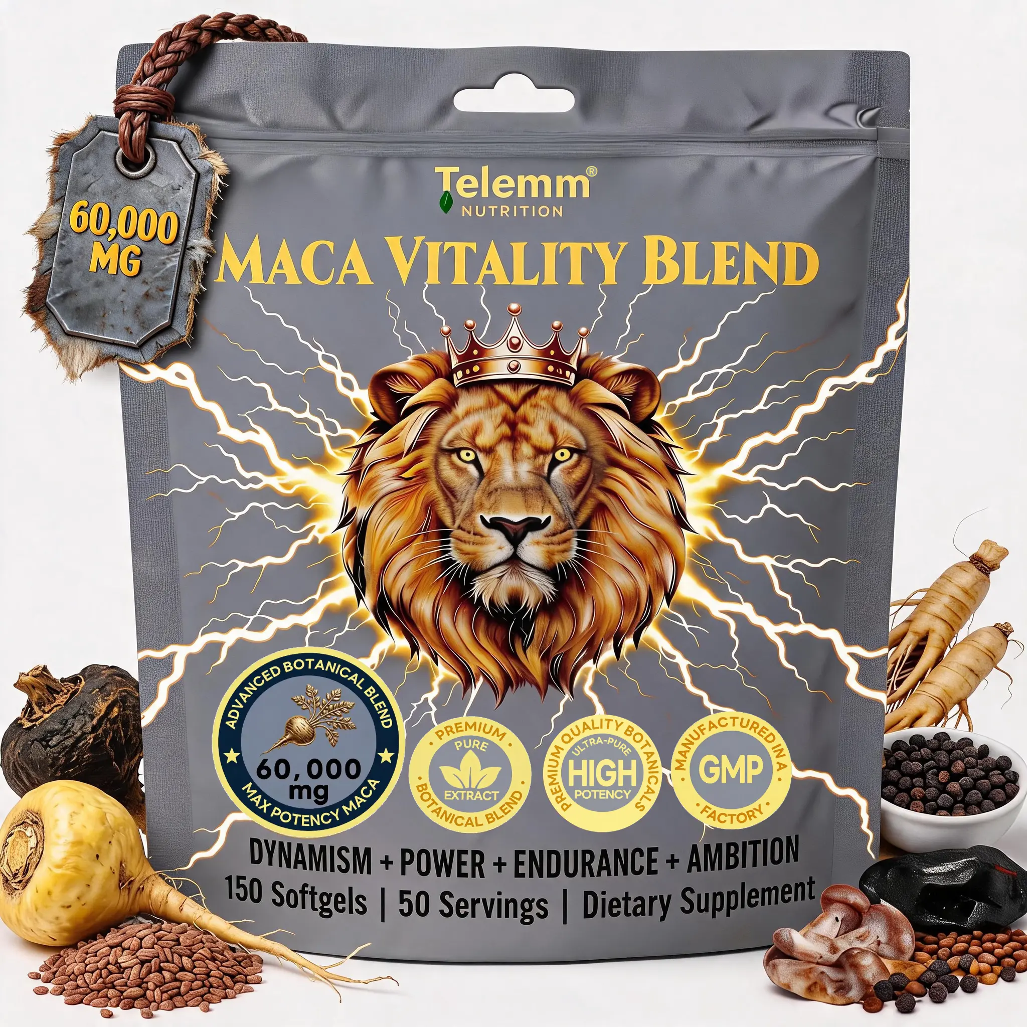 Telemm Steady Energy & Focus Supplement | 8-in-1 Triple Maca, Shilajit & Ashwagandha Softgels | High Potency, 150 Ct