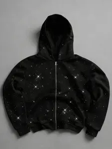 Unisex street-style zip-up hoodie with star print; Y2K American-style hooded sports sweatshirt. Unisex design, perfect for nighttime shoots—the visuals look outstanding. A must-have piece for trendsetters.